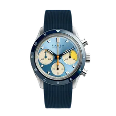 Farer Racing Chronograph Volante, sky blue sunburst dial with cream sub-dials and navy bezel, on blue rubber strap