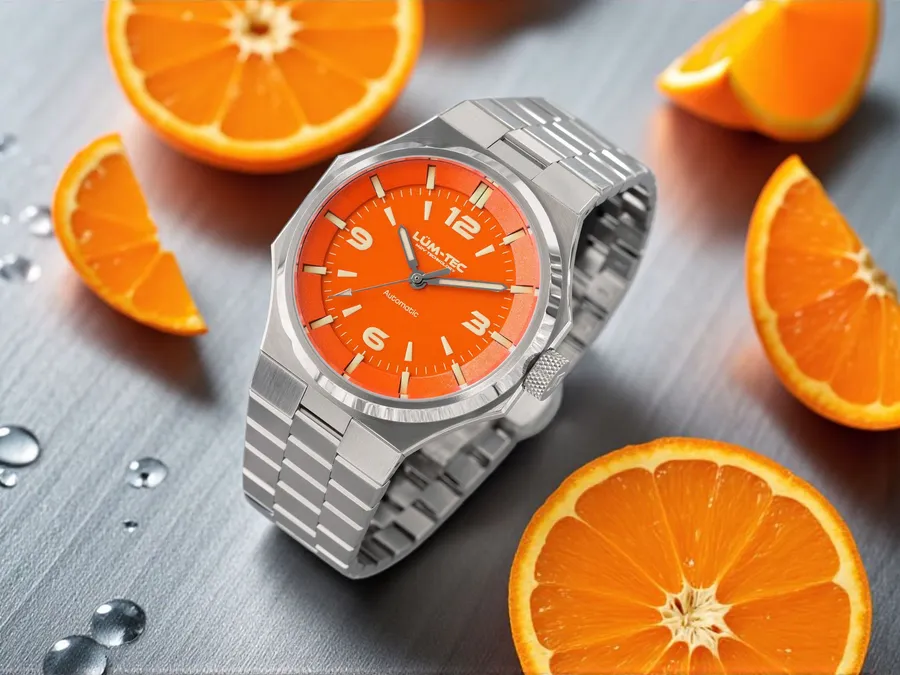 Lüm-Tec Eclipse E5 with pearl orange lacquer dial on its integrated steel bracelet