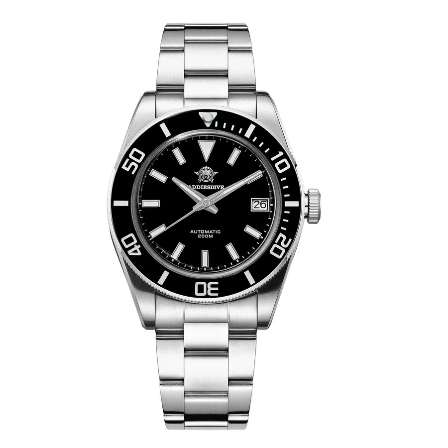 Addiesdive AD2084 with black dial and black ceramic bezel on a three-link bracelet