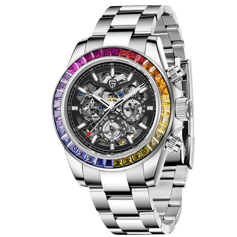 Pagani Design PD-1777 with skeletonised black dial, day, date and 24-hour subdials and rainbow stone-set bezel on steel bracelet