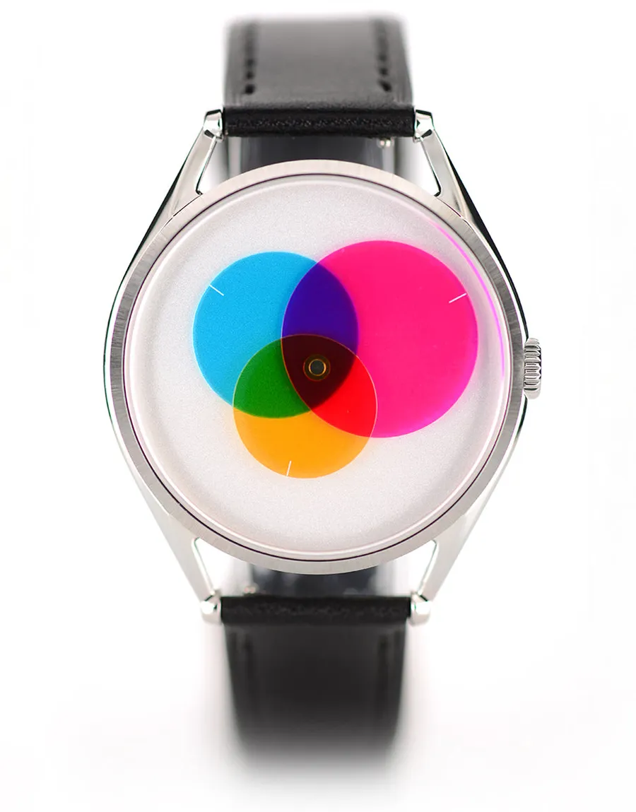 Mr Jones Colour Venn, white dial with overlapping cyan, magenta and yellow discs, steel case on black leather, front view