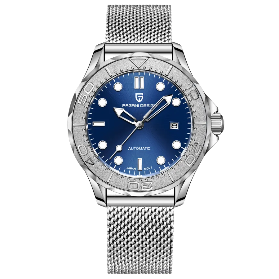 Pagani Design PD-1818 dive watch with blue dial and textured steel bezel on Milanese mesh bracelet
