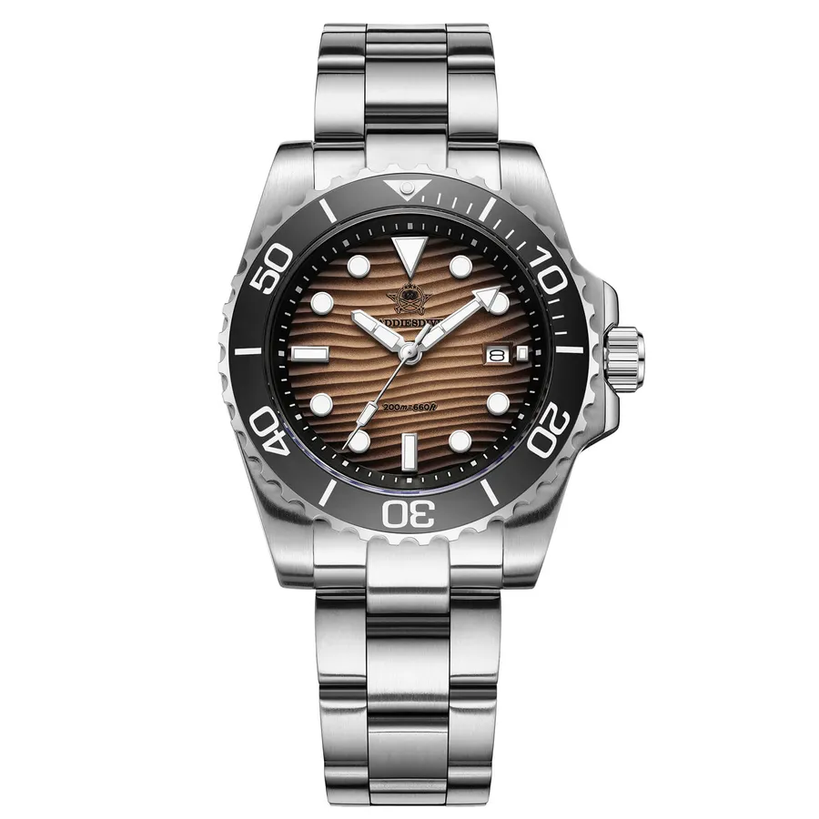 Addiesdive AD2537 "Desert Yellow" with sand-brown rippled dial and black bezel on a three-link steel bracelet