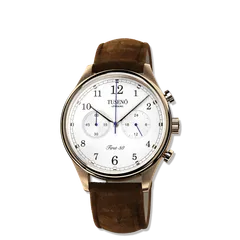 Tusenö First 38, rose gold case, white dial, on brown suede strap