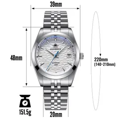 Addiesdive AD2118 dimension graphic on the bracelet (39mm, 48mm lug-to-lug, 20mm, 220mm, 151.5g)