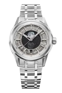 Zelos Helica Moonphase Meteorite, meteorite dial with aventurine moon-phase disc, on faceted steel bracelet