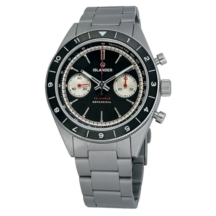 Islander Bridgehampton chronograph with black dial, white subdials and black 12-hour bezel on steel bracelet