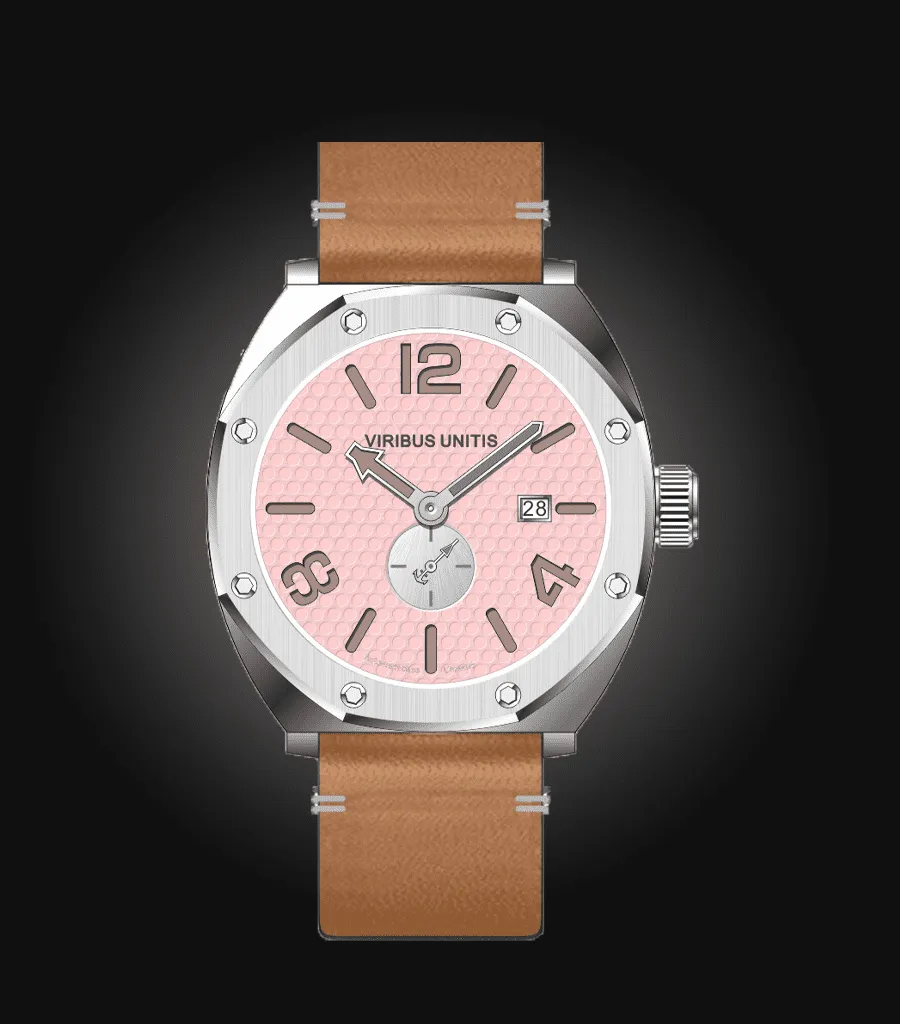 Viribus Unitis IR11, polished steel case, pink dial, on brown leather strap
