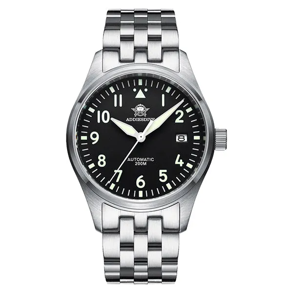 Addiesdive AD2519 (8215 version of the H2) pilot watch with black dial, triangle at 12 and date at 3 on the steel bracelet