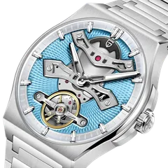 Pagani Design PD-YS028 close-up of the open-worked dial, with the balance under a bridge screwed at both ends