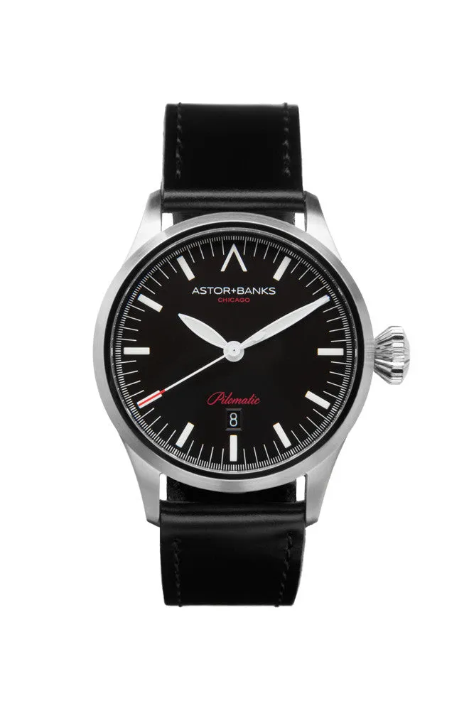 Astor+Banks Pilomatic, black dial with white markers, on black leather strap