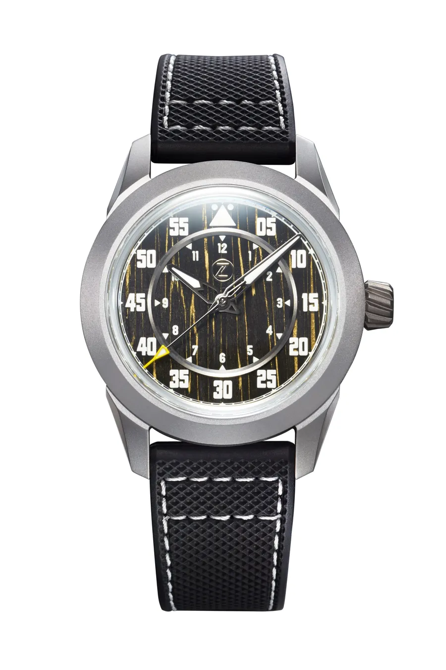 Zelos Eagle 2 Ti Carbon, titanium case, forged carbon dial with gold inlay, on black FKM rubber strap with white stitching