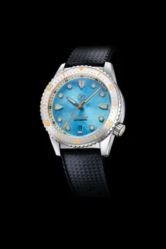 Zelos Mako V3 300m in steel, light blue guilloché dial, steel bezel with orange lume, on tropic rubber strap