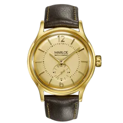 Marloe Pacific 55, gold dial with small seconds, gold PVD case, on brown leather strap