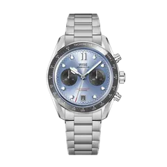 Wise Adamascus AD8CHRO31 chronograph in 904L steel, light blue dial with grey sub-dials, grey ceramic tachymeter bezel, on 904L bracelet