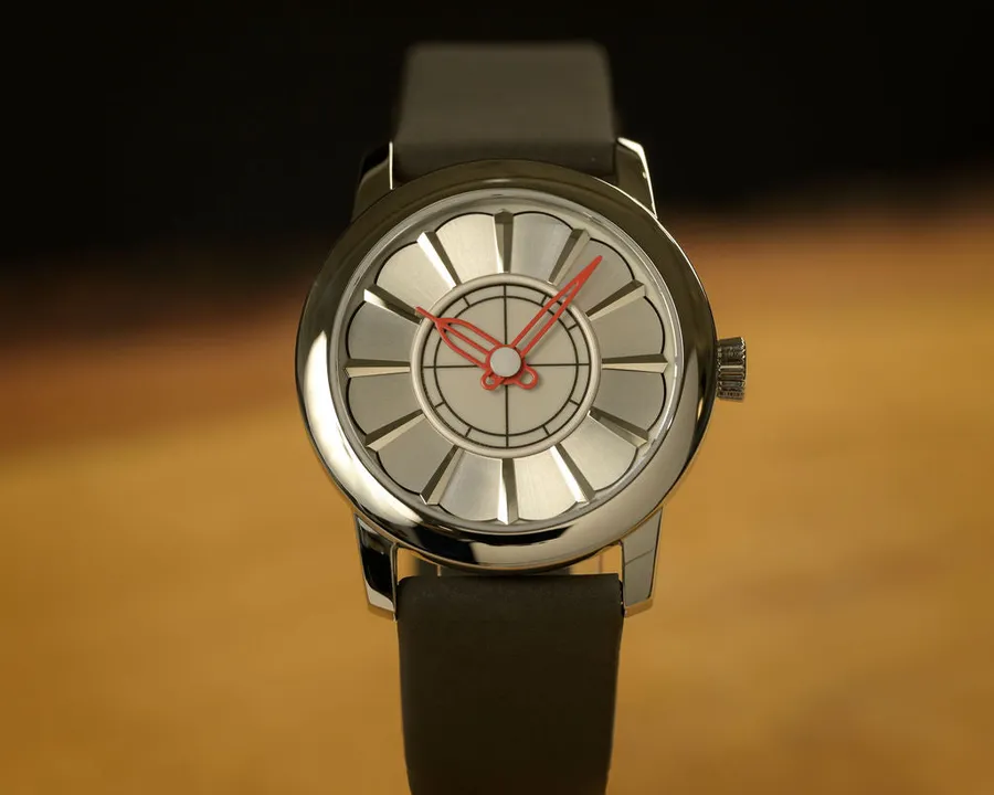 Cincinnati Watch Company Union Terminal Mechanical, steel case, layered silver dial modelled on the Union Terminal clock with red hands, on black strap