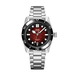 Wise Adamascus AD851A-S in 904L steel, red wavy dial, black ceramic bezel, on 904L bracelet