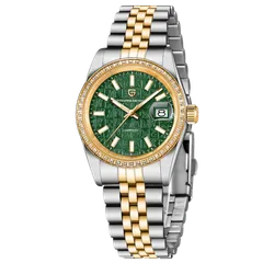 Pagani Design PD-1794M with green monogram-textured dial and gold-tone stone-set bezel