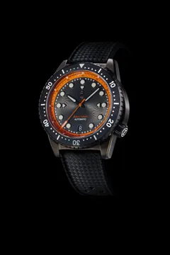 Zelos Mako V2 500m Diver in black PVD steel, dark grey dial with orange chapter ring, black ceramic bezel