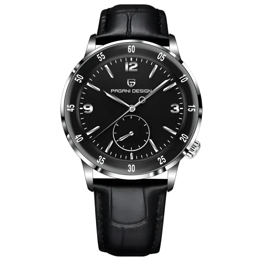 Pagani Design PD-1790 with black dial, small seconds and black leather strap