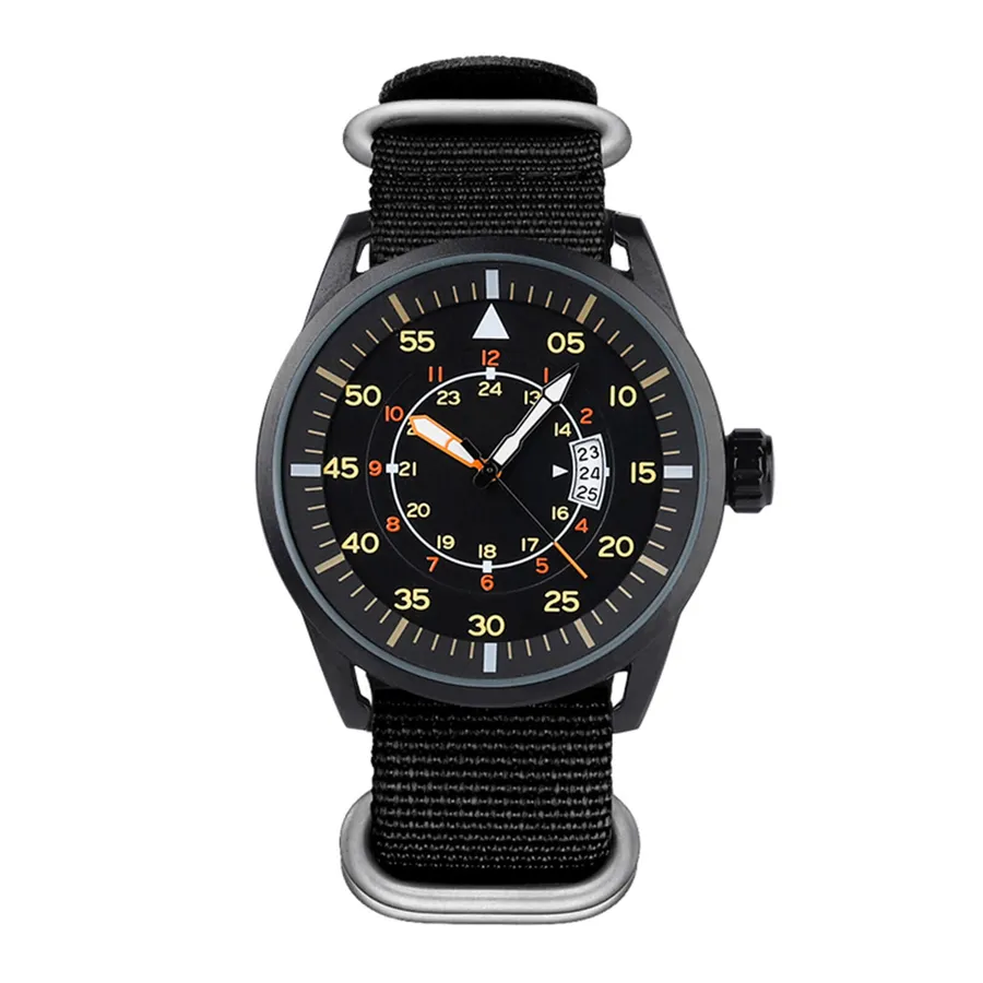 Addies 1508 with black case and black dial (minute numerals around the edge, 12- and 24-hour scales inside, date at 3) on a black nylon strap