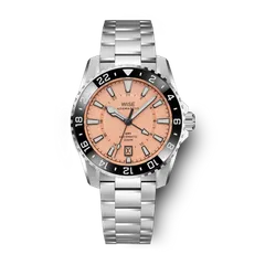 Wise Adamascus ADX183 True GMT in 904L steel, sandblasted light salmon orange dial and black bezel, on 904L bracelet