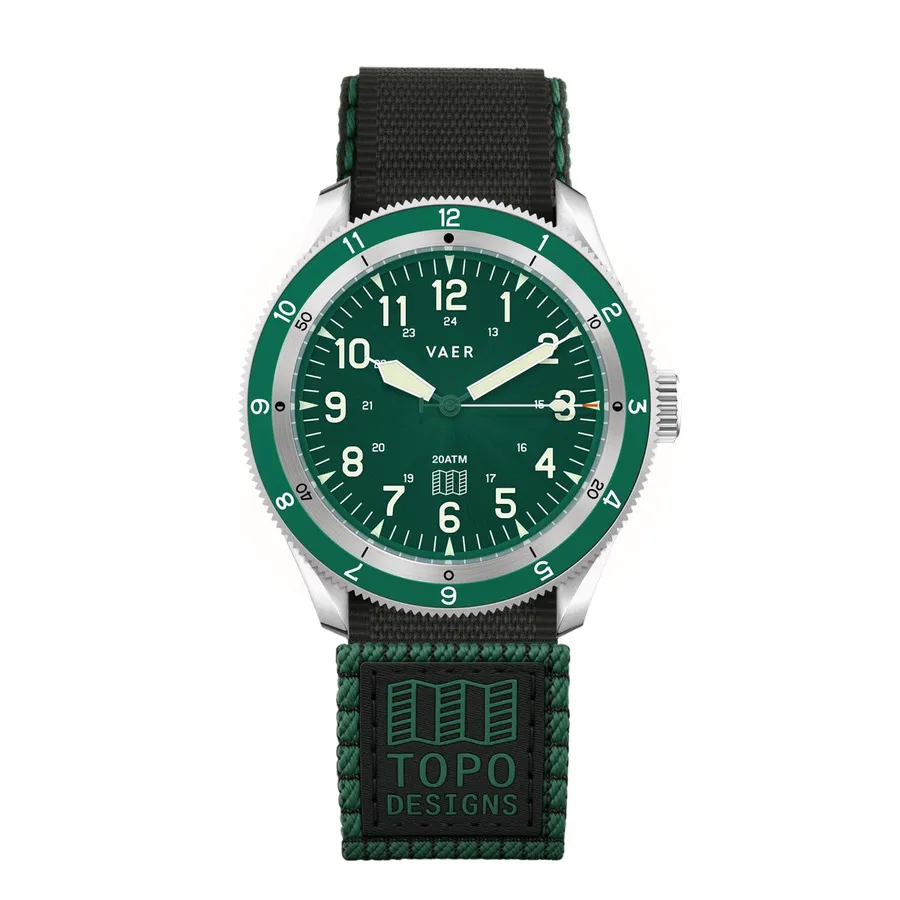 Vaer x Topo Designs x Worn & Wound DS4 Solar Hiker 38mm, green, on a Topo hook-and-loop strap