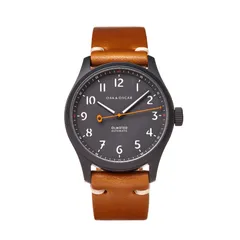 Oak & Oscar Olmsted Matte, charcoal no-date dial in a matte ceramic-coated case, on brown leather strap