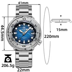 Addiesdive AD2509 dimension graphic (41mm, 44.5mm, 15mm, 22mm, 220mm, 206.5g)