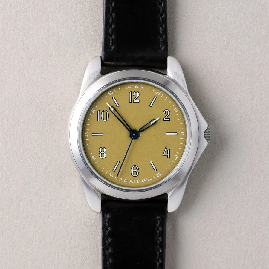 anOrdain Model 2 36mm Flax, speckled golden flax vitreous enamel dial with heat-blued hands, on black shell cordovan strap