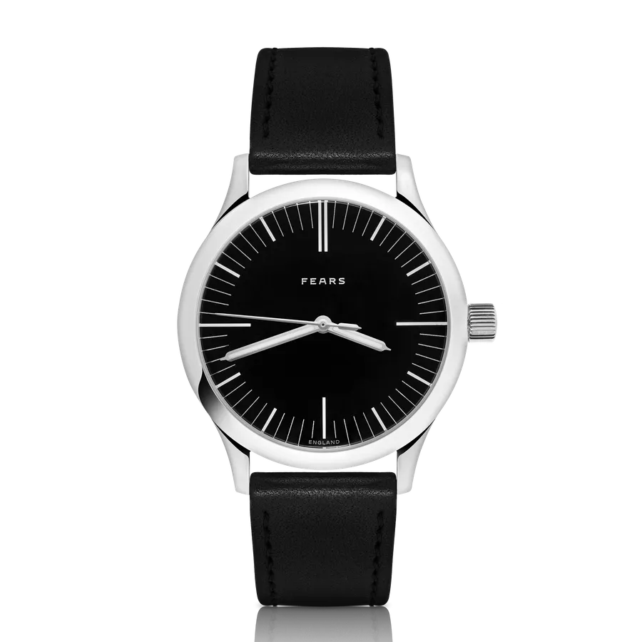 Fears Redcliff 39.5 Onyx with black onyx stone dial and white and silver printed batons on a black leather strap