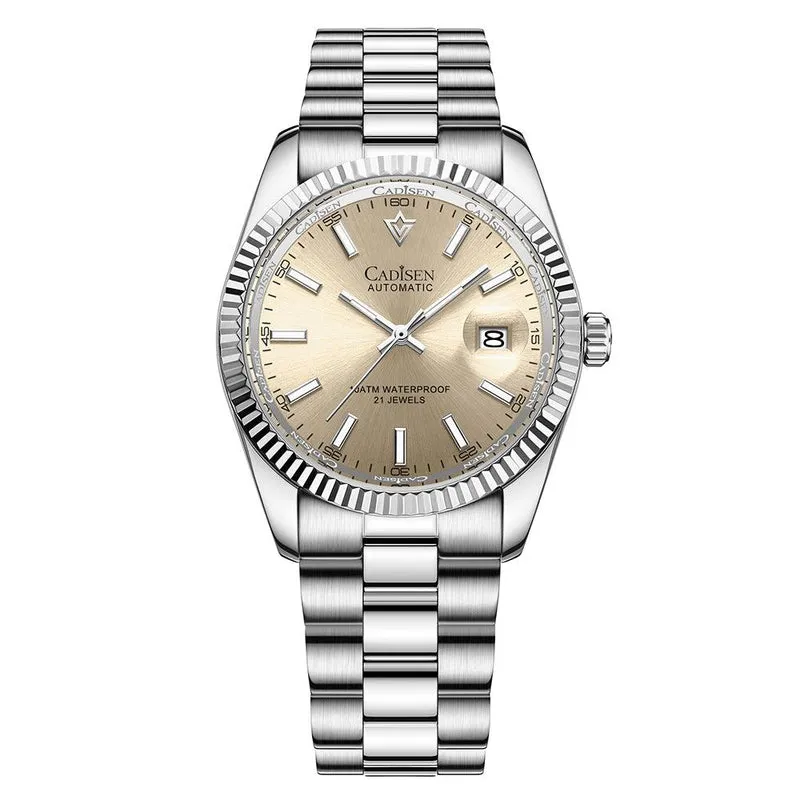 Cadisen C8214 Day-Date-style automatic with champagne dial, fluted bezel and date at 3 on a president-style bracelet