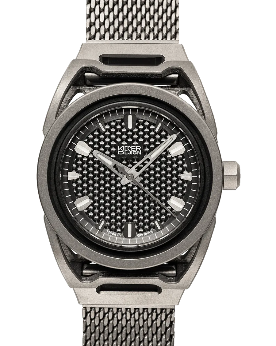 Kieser Design tragwerk2.0 BLACK with black honeycomb titanium dial on titanium mesh bracelet