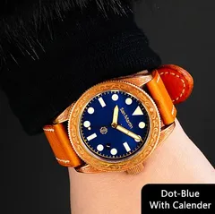 San Martin SN061-T 41mm carved bronze diver, dot blue dial, date, on leather strap