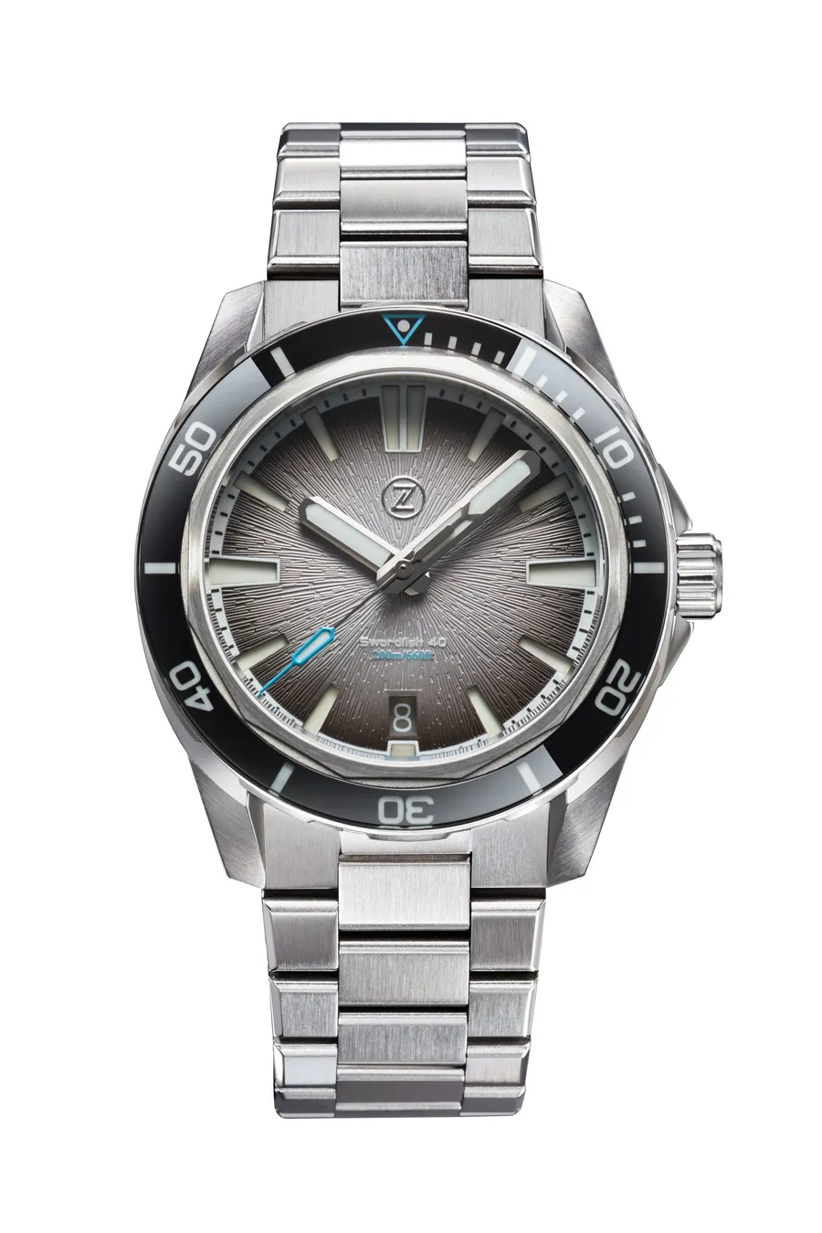 Zelos Swordfish 40mm, grey fume dial and black sapphire bezel, on bracelet