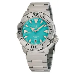 Islander ISL-143 dive watch with robin's egg blue dial, shark-tooth indices, date at 6 and steel bezel on steel bracelet