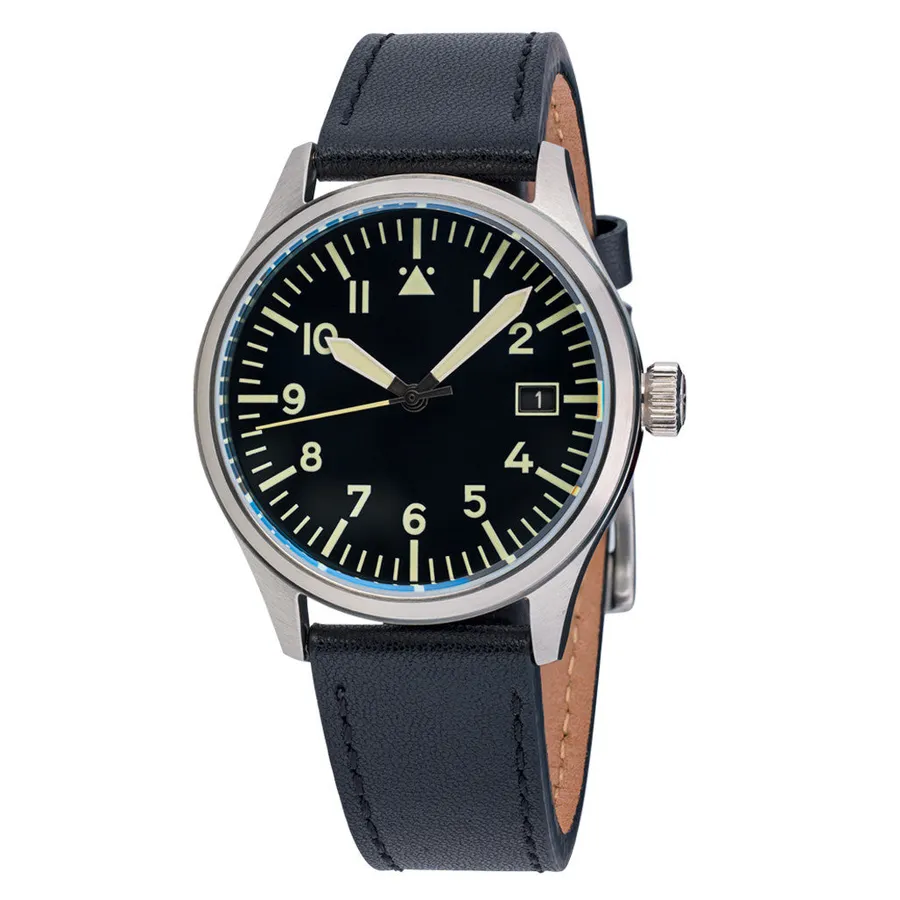 Islander 39mm Automatic Pilot ISL-102 with black Type-A dial and date at 3 on black leather strap