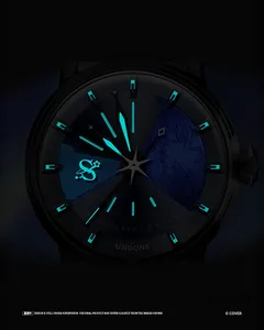 Undone Color Rise Harmony dial in the dark showing luminous hands and indices