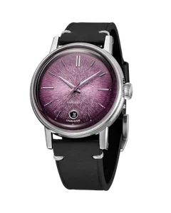 Undone Enamel Mora with plum enamel dial on a black leather strap