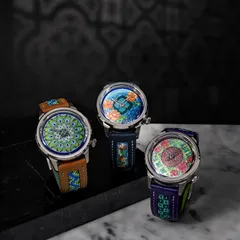 Feynman Coalesce Peranakan Series, three hand-enamelled dials on beaded Epsom leather straps