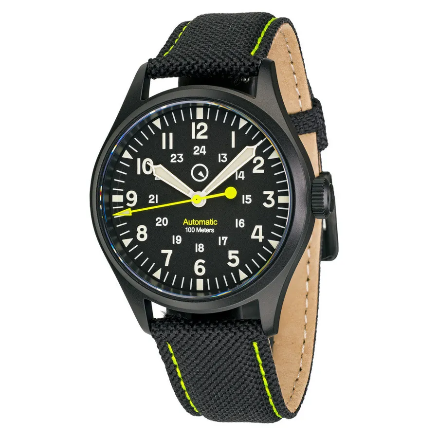 Islander Mitchel field watch with black no-date dial and yellow seconds hand in a black DLC case