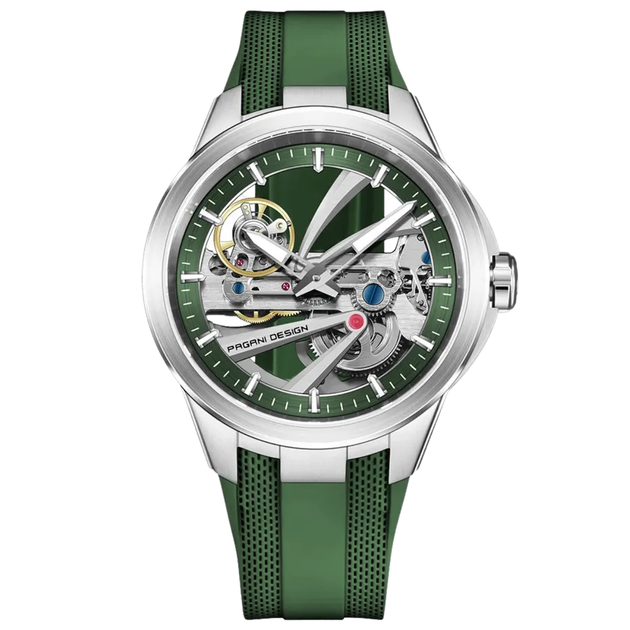 Pagani Design PD-YS030 skeleton automatic with green chapter ring, two hands and steel bezel, on green rubber strap
