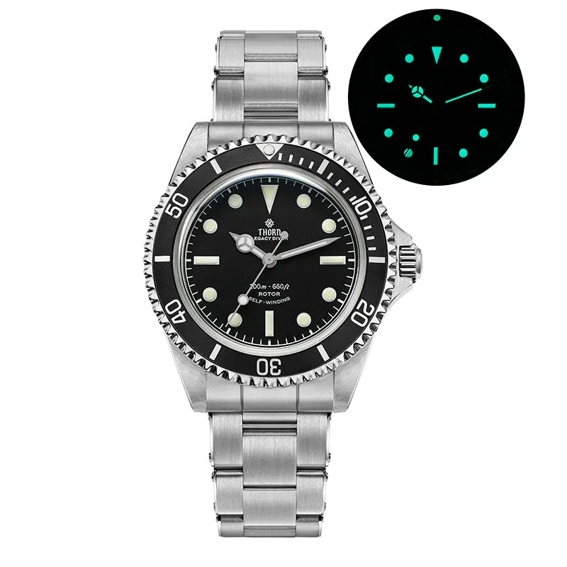 Thorn T023 V3.1 with black dial, white BGW9 lume and black bezel on the steel bracelet, with a lume shot