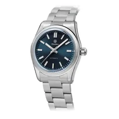 Traska Commuter 34, blue dial, three-quarter view