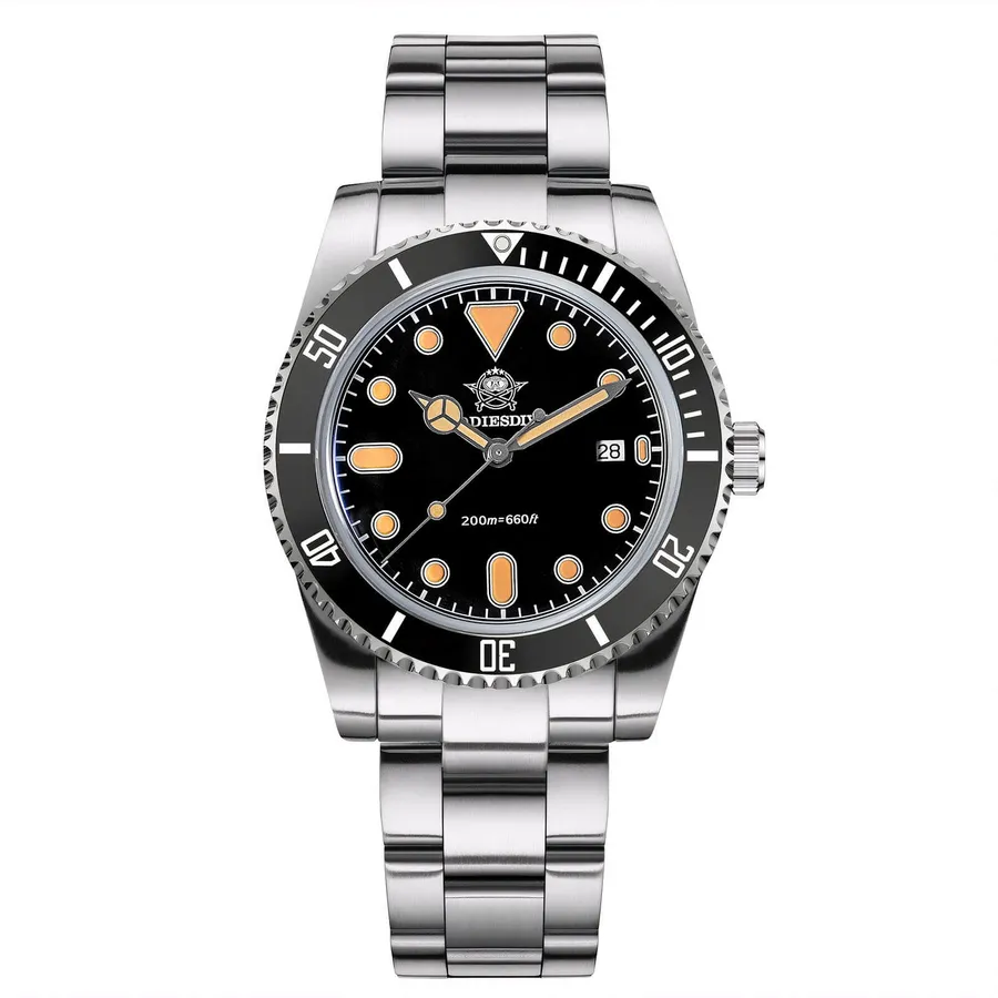 Addiesdive AD2501 with black dial, orange-toned lume and black ceramic dive bezel on a three-link bracelet