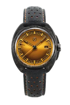 Zelos LT Carbon, forged carbon GT 40mm case, orange sunburst dial with power-reserve gauge at 9 and date at 3, on perforated dark grey leather strap with orange stitching