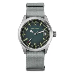 Militado ML08 (Ronda 515) with dark green textured dial and date at 3 on grey nylon strap