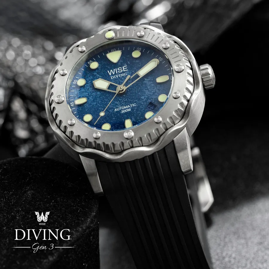 Wise Diving 300M Gen 3 Titanium DTB331 with blue brain coral dial on black rubber strap