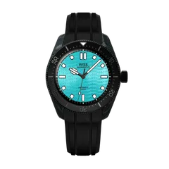 Wise Adamascus AD8133CB in forged carbon, sky blue wavy dial, on black FKM rubber strap