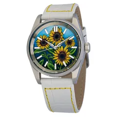 Islander Manhasset with sunflower print dial on white leather strap